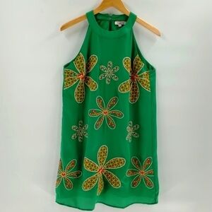 Andree by Unit green halter dress size medium embroidered floral green orange